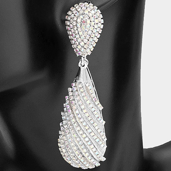 Abalone Silver Oversized Teardrop Dangle Earrings Big Crystal Statement Jewelry - Picture 2 of 2